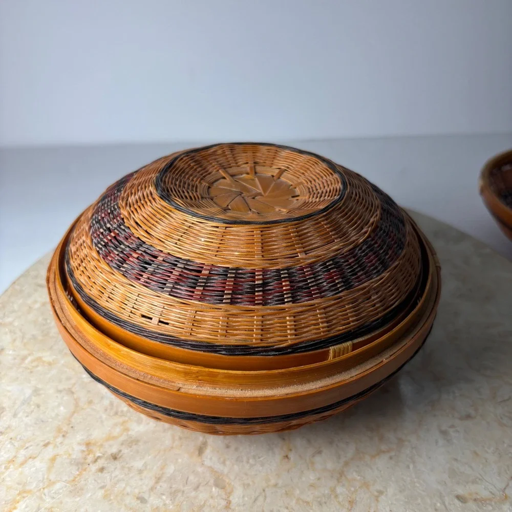 2 Vintage Hand Woven Nesting Baskets Brown Woven Boho Circular Stackable